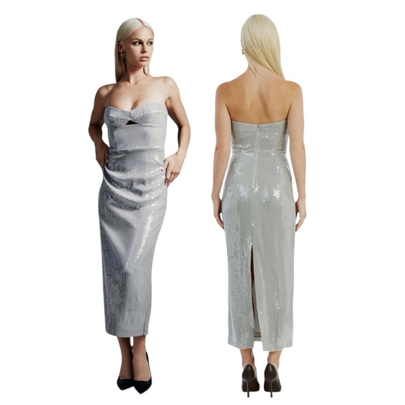 Bardot Dresses & Skirts - Bardot Shimmering Cutout Silver Strapless Dress Size XXL